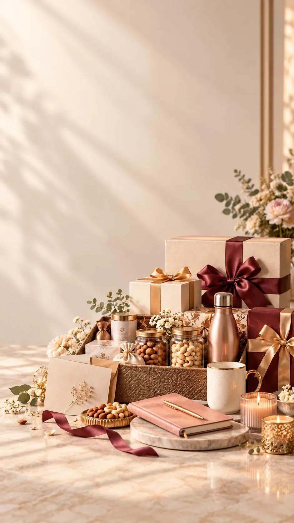 Cream and burgundy gift boxes with dry fruits, a rose-gold bottle, a journal, a mug and candles on marble