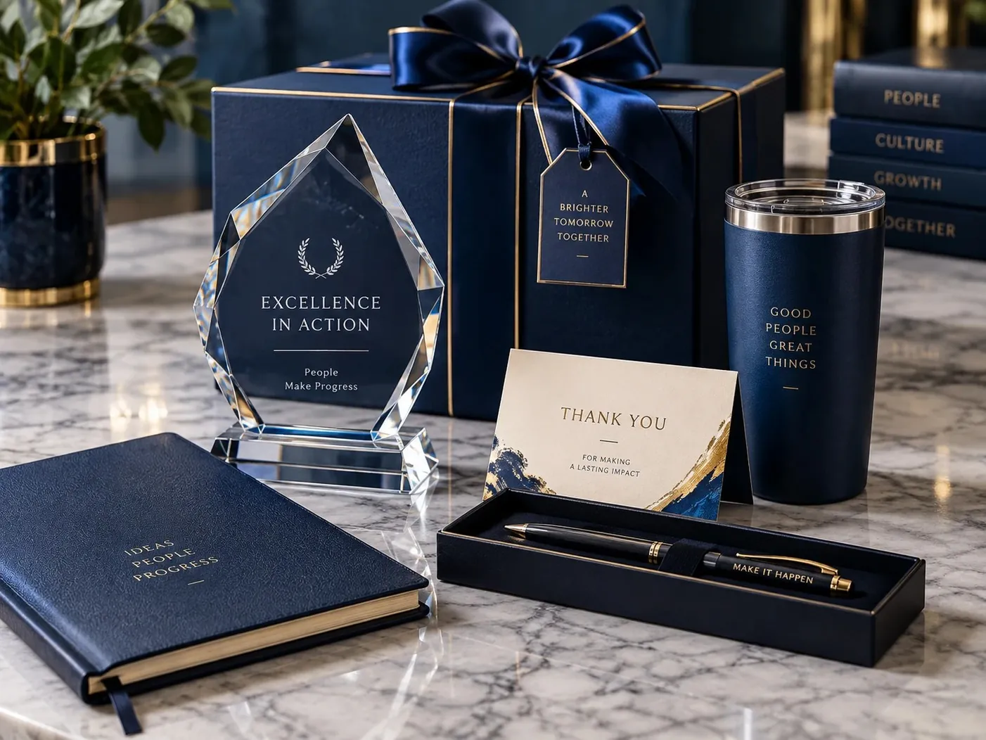 Navy and gold rewards set with an engraved crystal award, a boxed pen, a thank-you card, a tumbler and a notebook